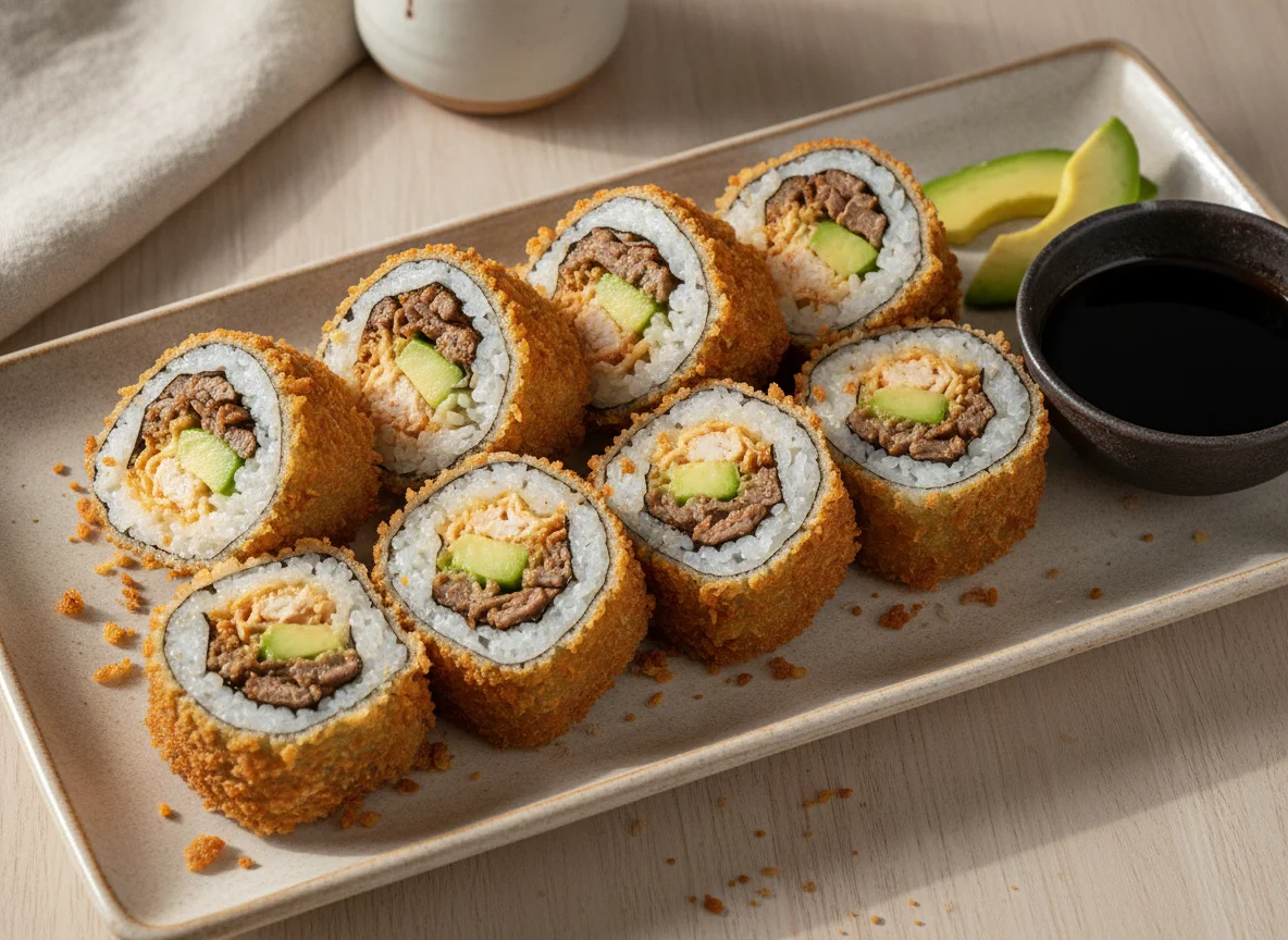 Sushi empanizado con pollo y res photo