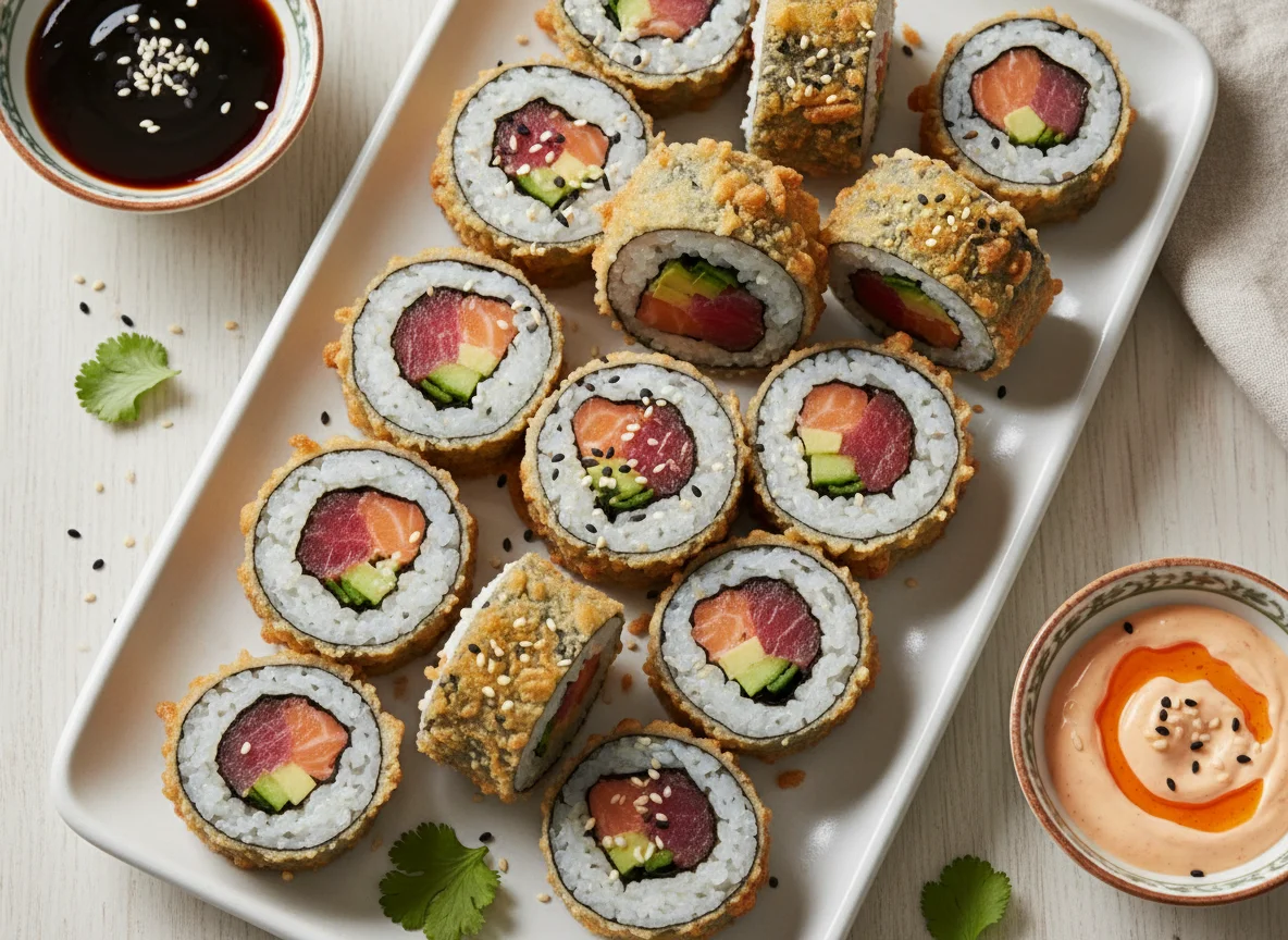 Sushi frito variado con salsas photo