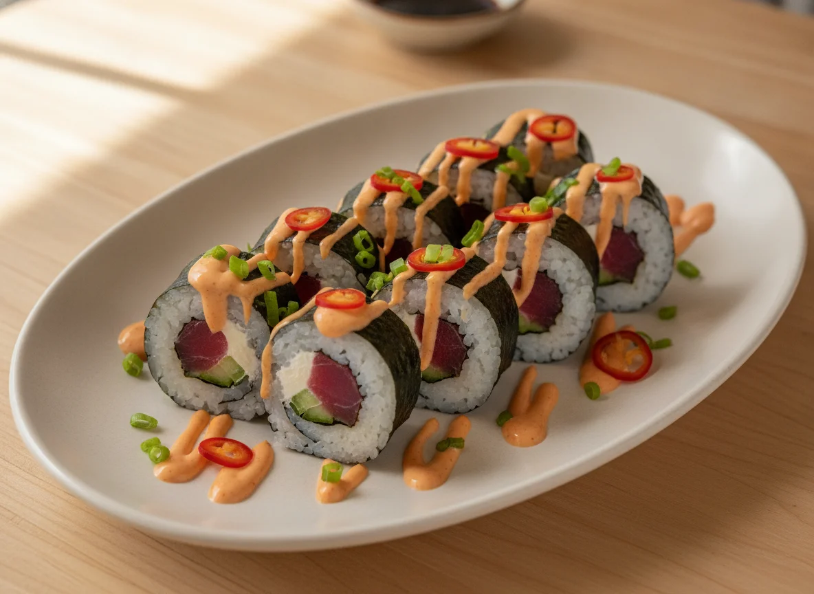 Sushi maki con atún, pepino y queso crema photo