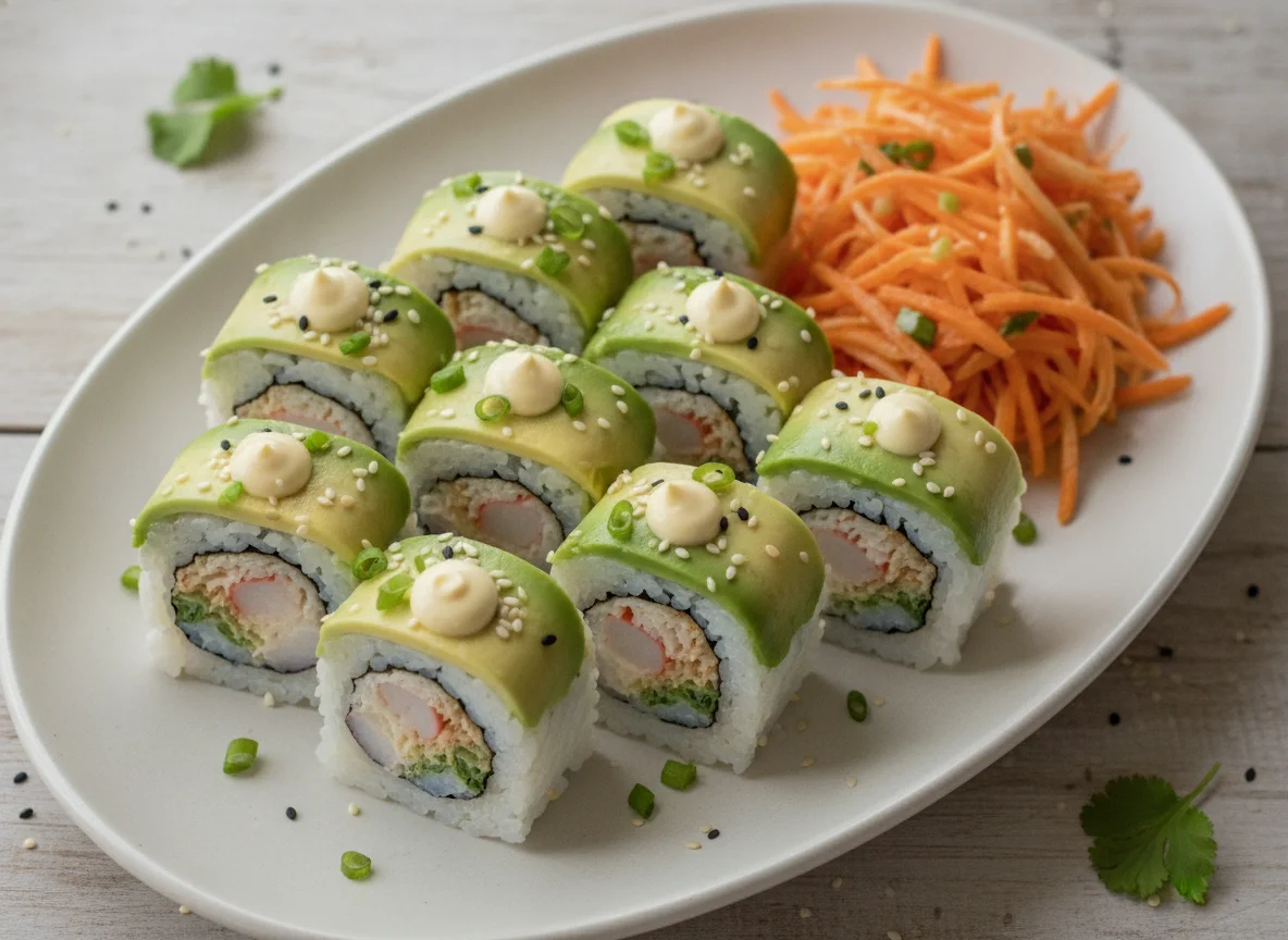 Sushi roll con aguacate y ensalada de zanahoria photo