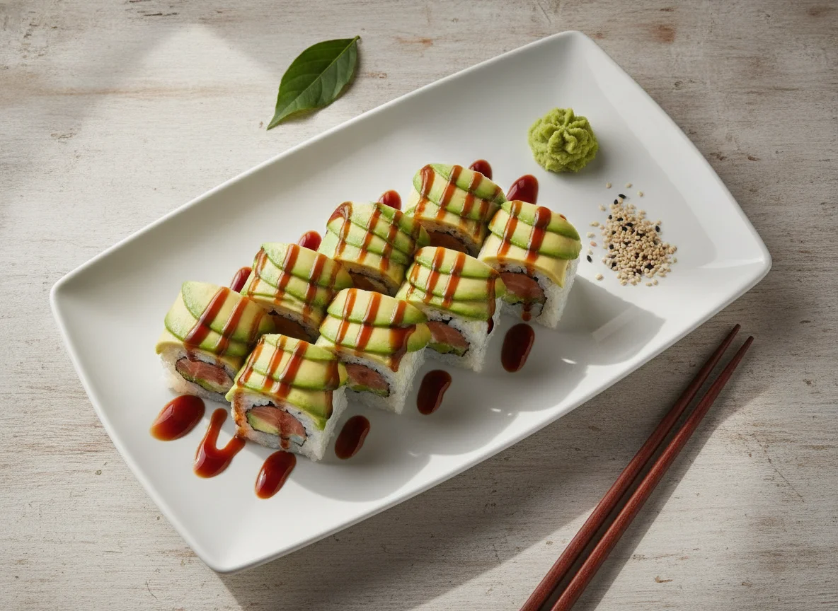 Sushi roll con aguacate y salsa teriyaki photo