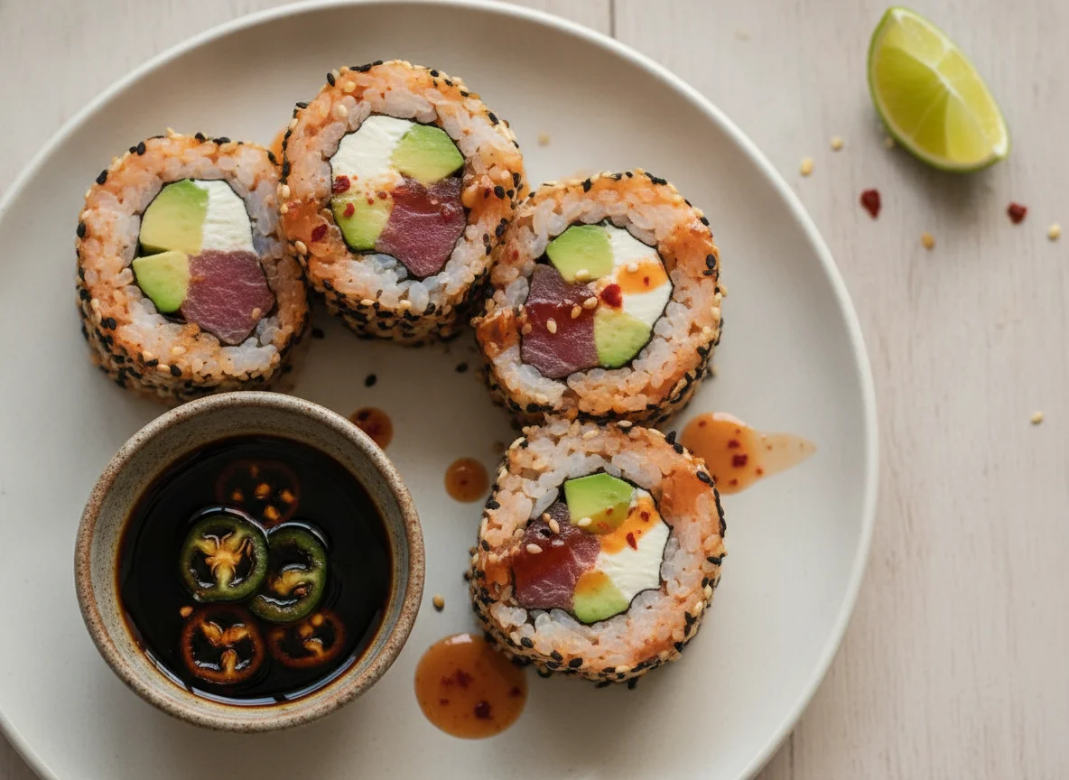 Sushi roll con atún picante y salsa de soya photo