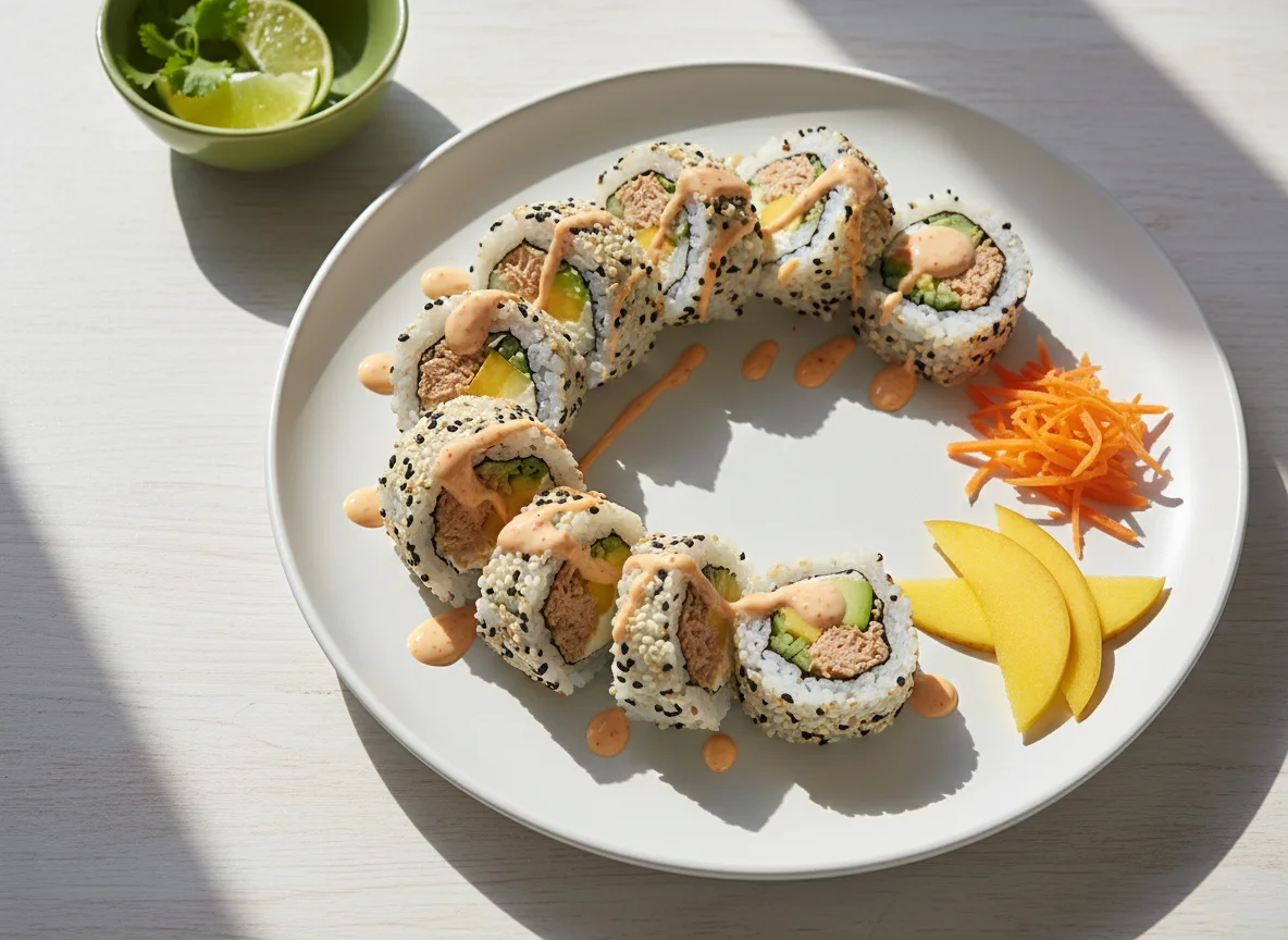 Sushi roll con mango y aderezo photo