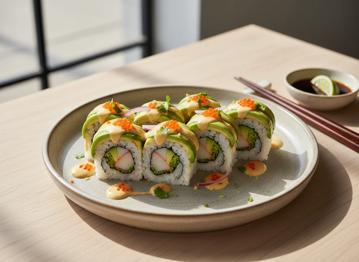 Sushi roll con palta y salsa acevichada photo
