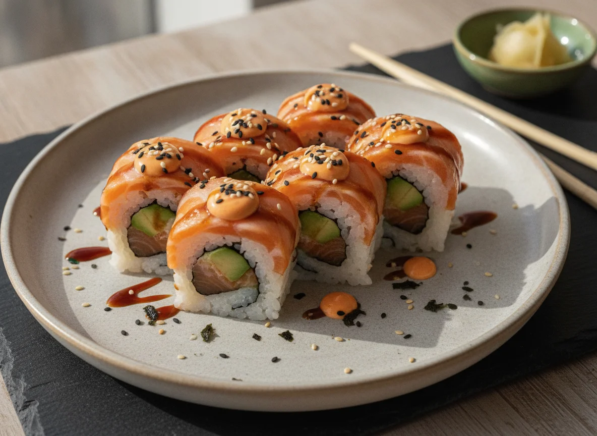Sushi roll de salmón flambeado con aguacate photo