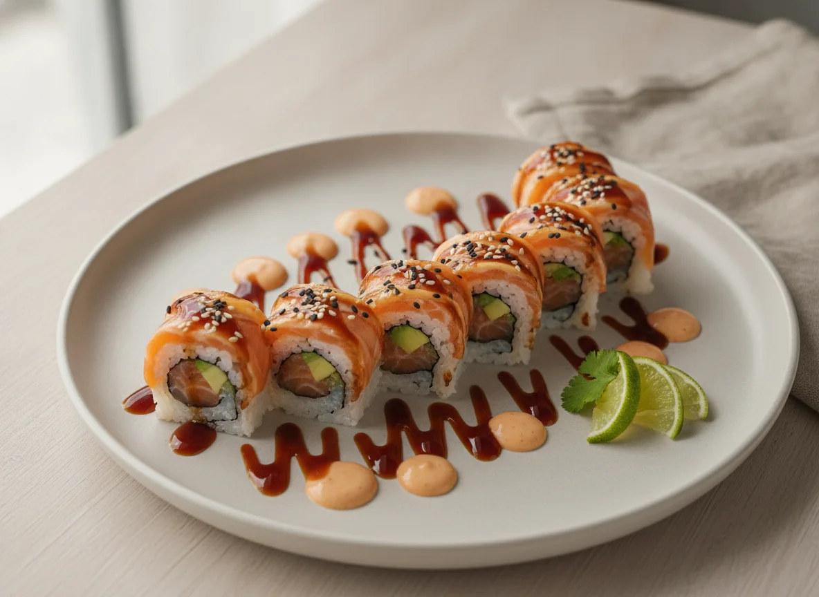 Sushi roll de salmón flambeado con aguacate y salsa teriyaki photo