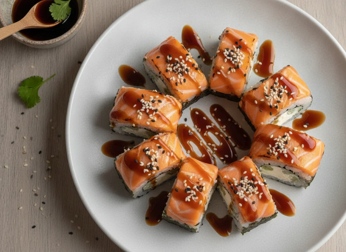 Sushi roll de salmón flambeado con salsa teriyaki y sésamo photo