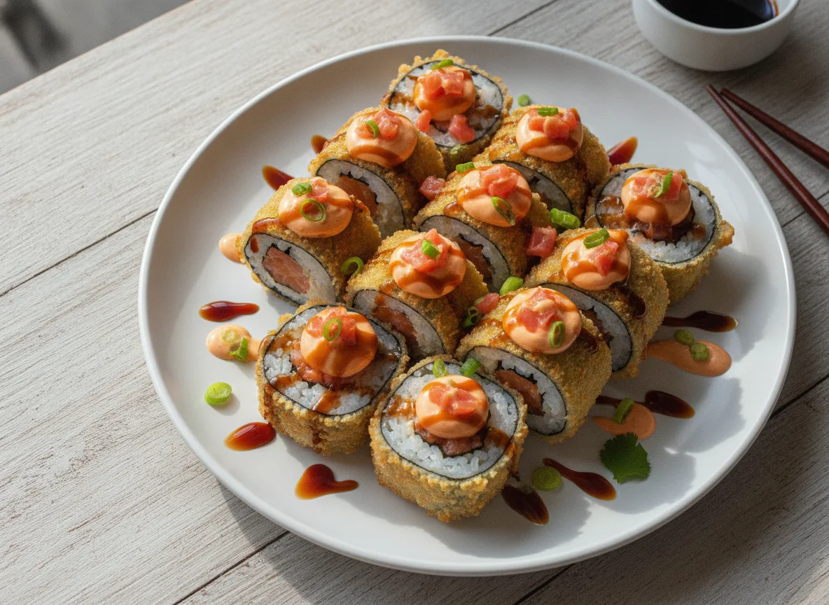 Sushi Roll Tempura con Topping de Salmón y Salsa photo