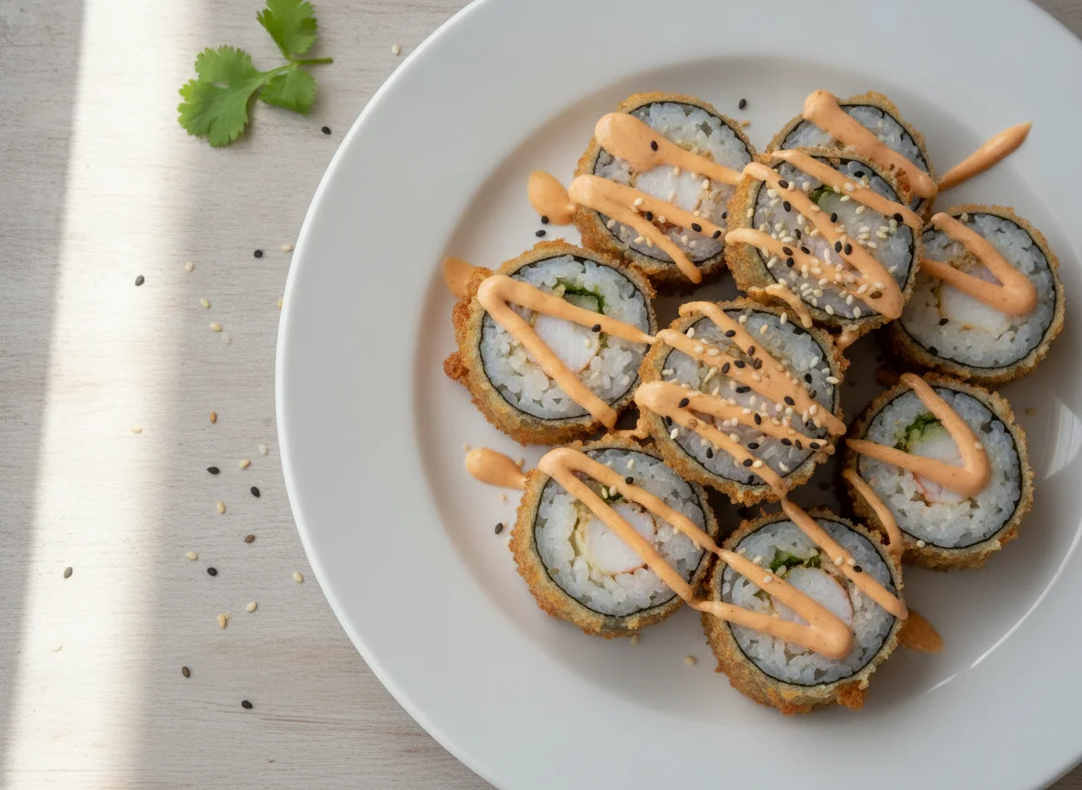 Sushi tempurizado con salsa mayonesa y sésamo photo