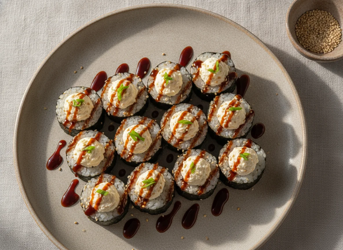 Sushi variado con queso crema y salsa anguila photo