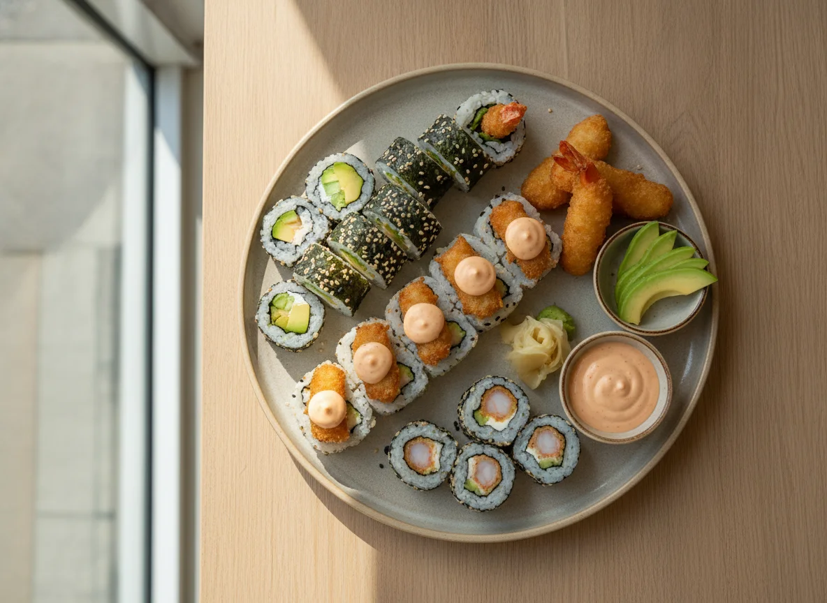 Sushi variado con tempura y salsa acevichada photo