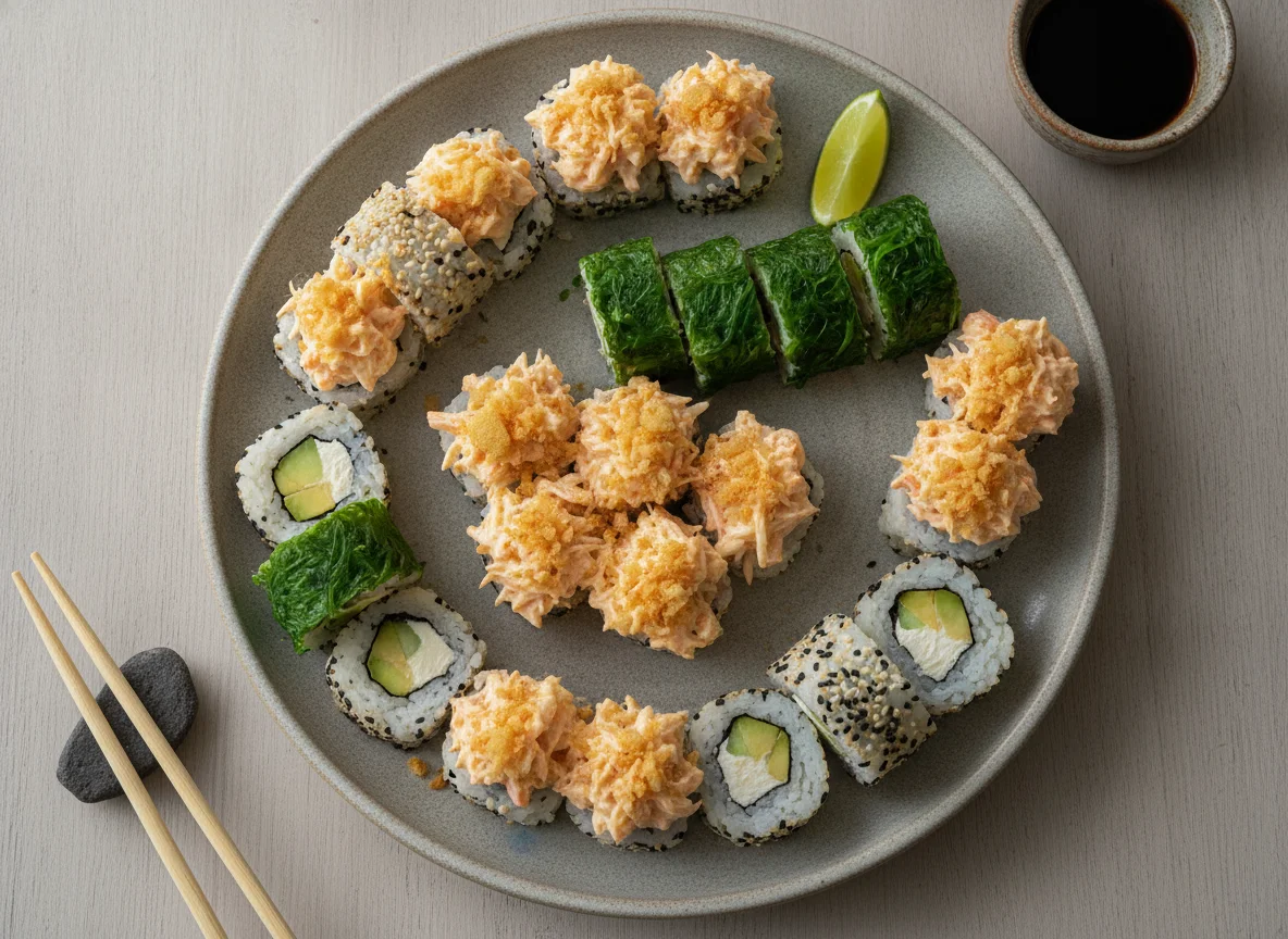 Sushi variado con topping de tampico y salsa de soya photo