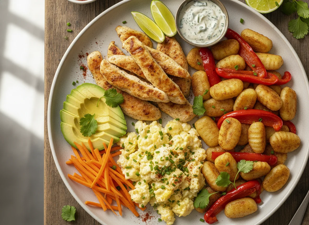 Tabla mixta de pollo, huevos revueltos, gnocchi y verduras photo