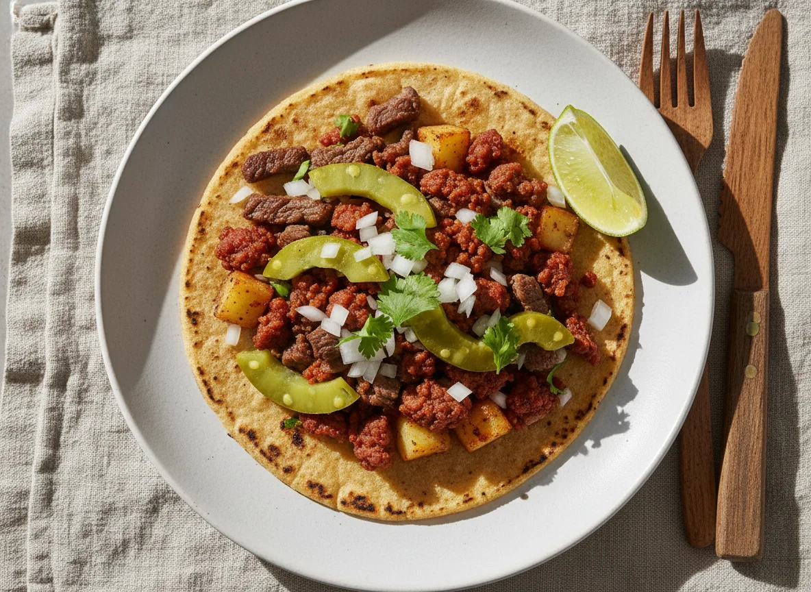 taco campechano de carne de res, chorizo con nopales y papa photo