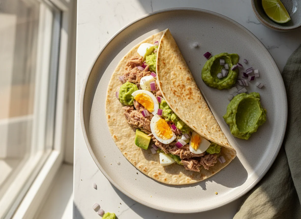 Taco de atún con huevo y guacamole photo