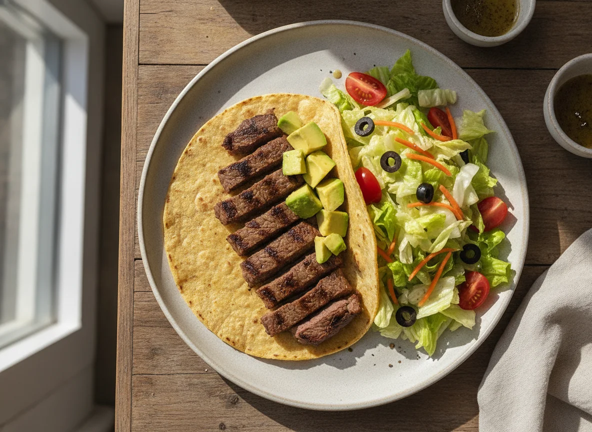 Taco de bistec con aguacate y ensalada mixta photo