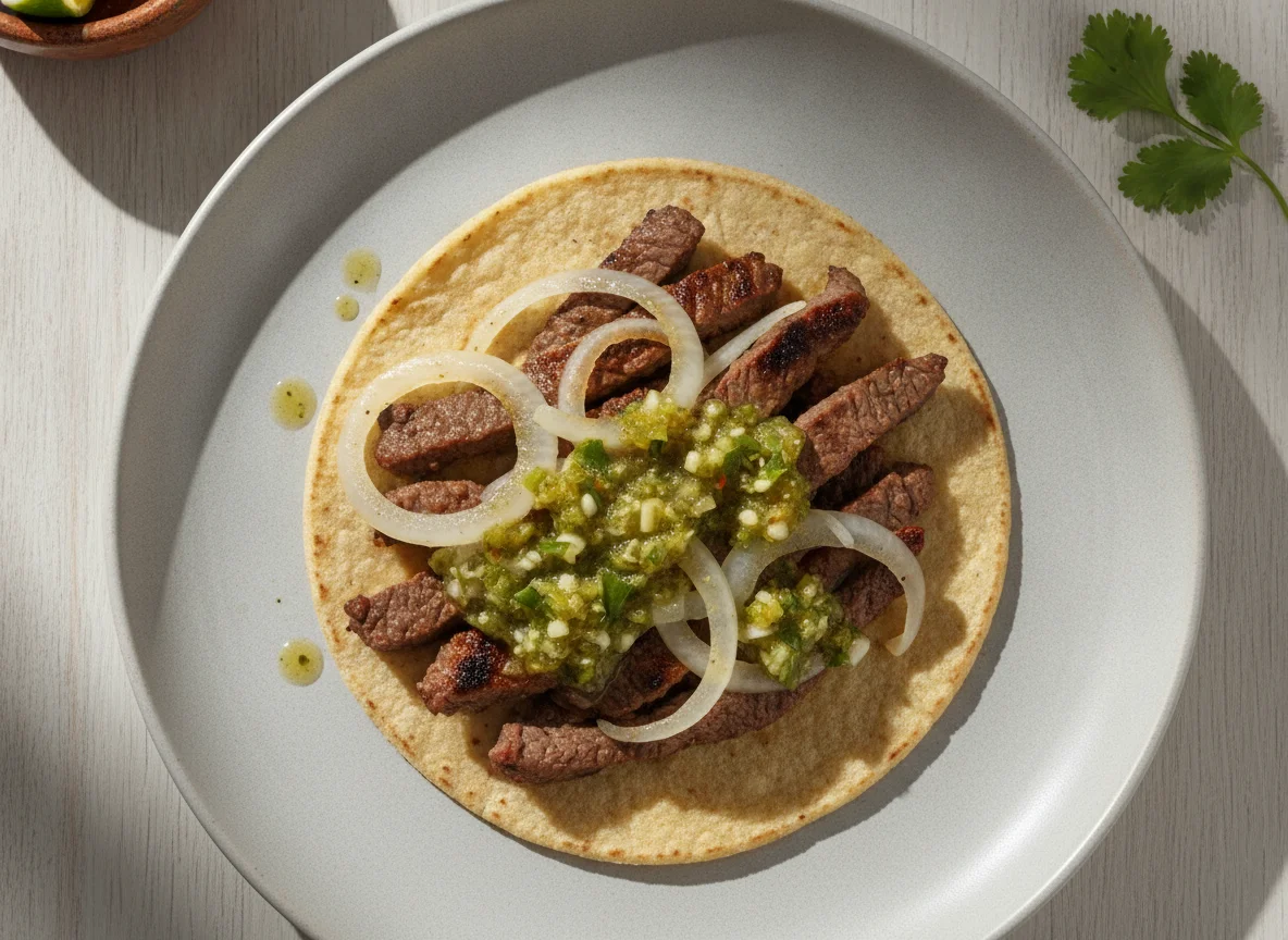 Taco de bistec con cebolla y salsa photo