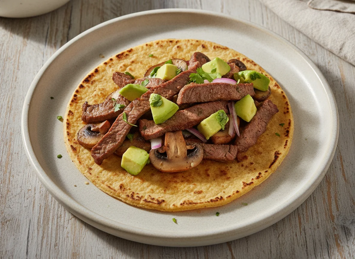 Taco de bistec con champiñones y aguacate photo