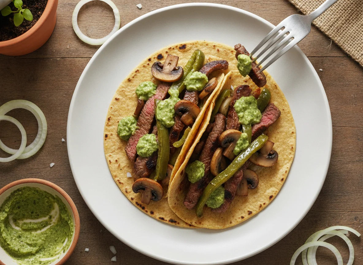 Taco de bistec con champiñones y rajas en salsa verde photo