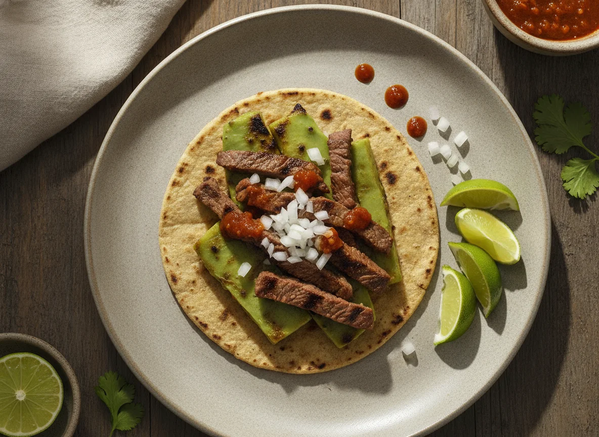 Taco de bistec con nopales photo