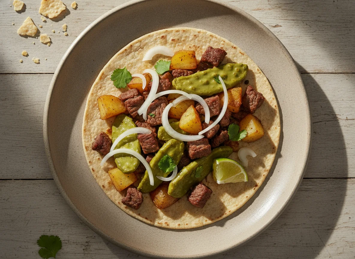 Taco de bistec con nopales y papas photo