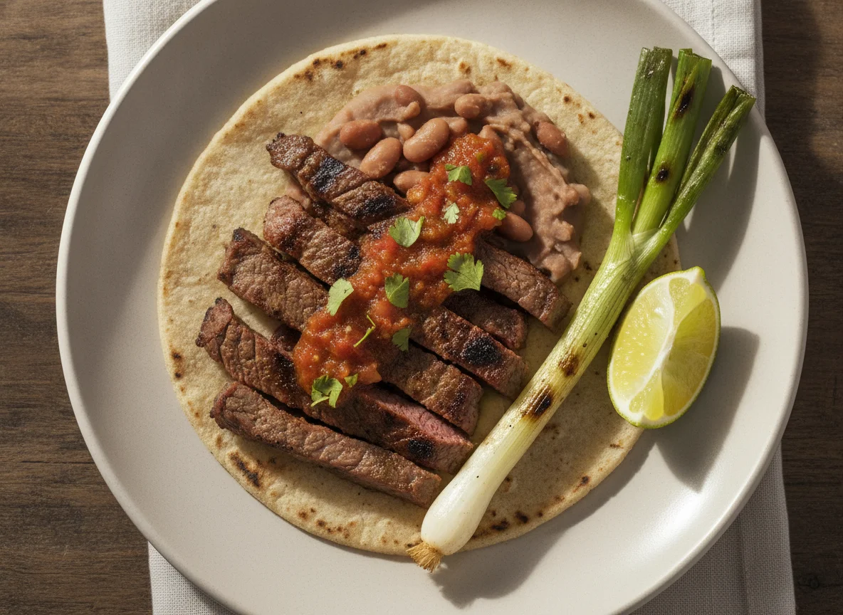 Taco de carne asada con frijoles photo