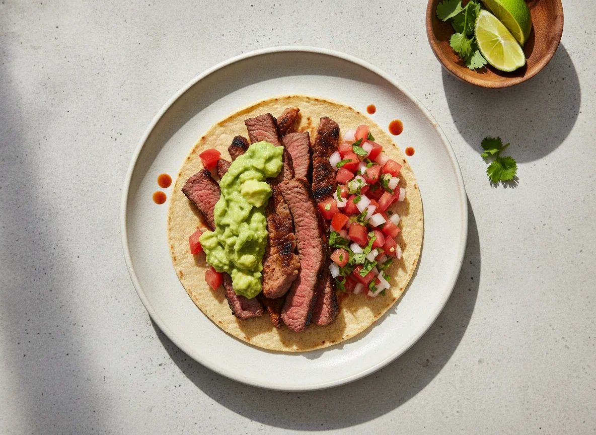 Taco de carne asada con guacamole y pico de gallo photo