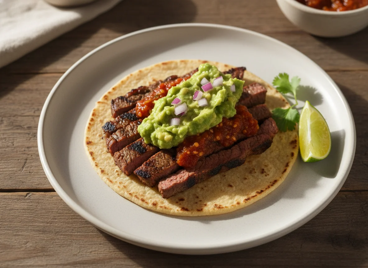 Taco de carne asada con guacamole y salsa roja photo