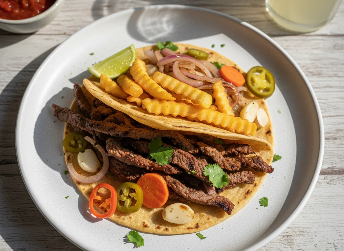 Taco de carne asada con papas fritas y cebolla photo