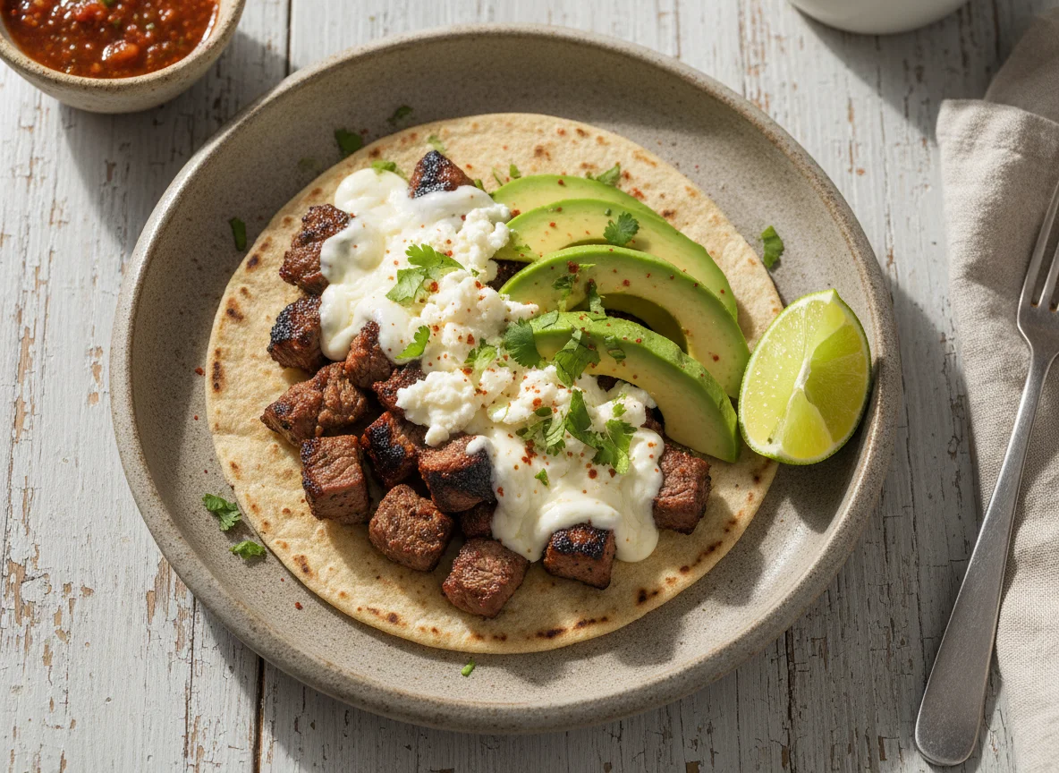 Taco de carne asada con queso y aguacate photo