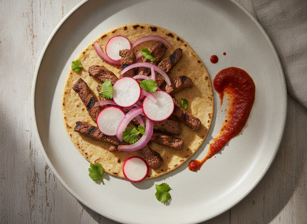 Taco de carne con cebolla y rábano photo