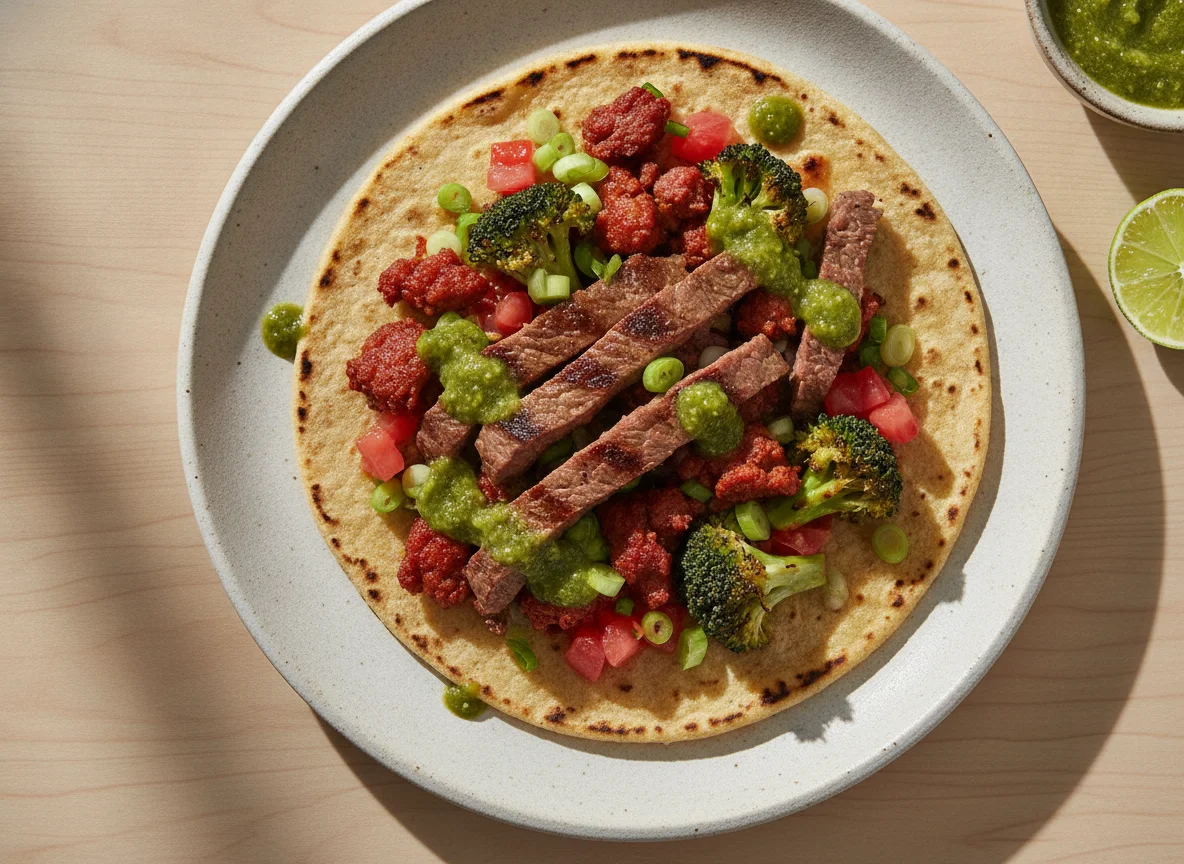 Taco de carne con chorizo y brócoli photo