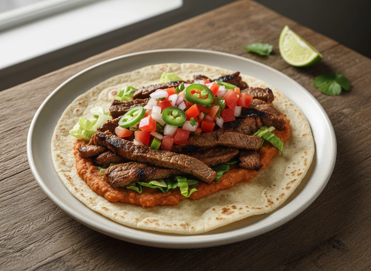 Taco de carne con frijoles y pico de gallo photo