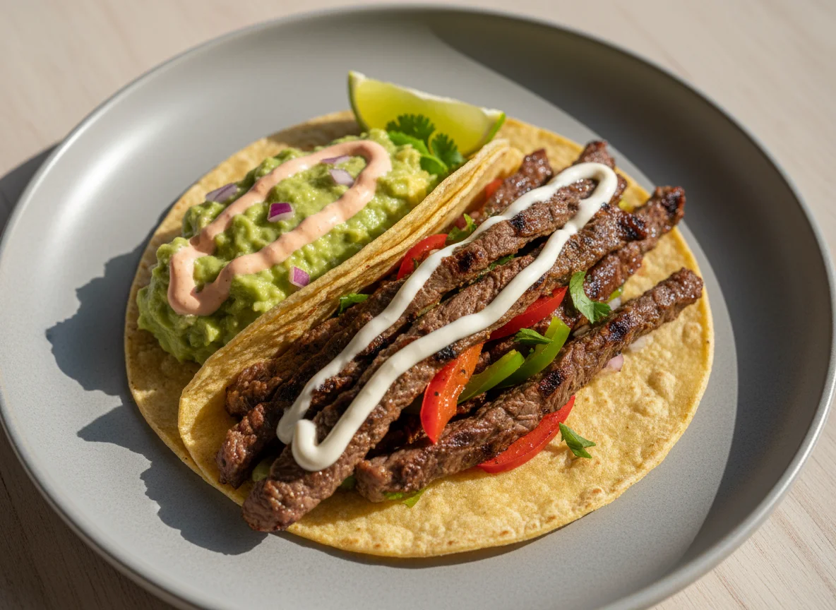 Taco de carne con guacamole y salsas photo