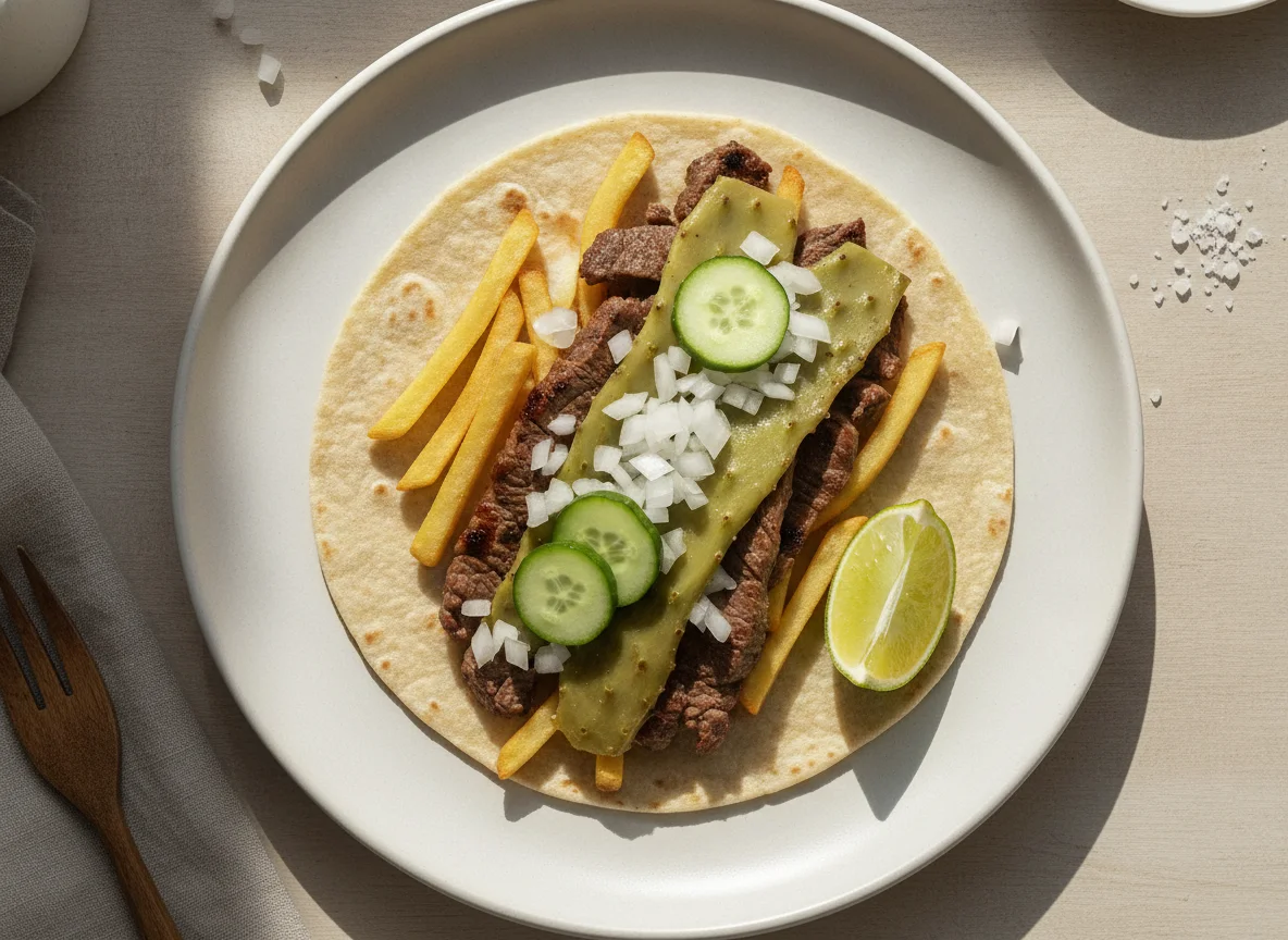 Taco de carne con papas fritas y nopales photo