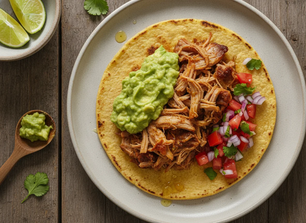 Taco de carne desmechada con guacamole y pico de gallo photo