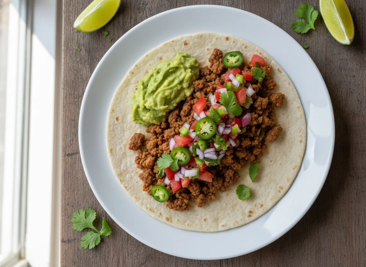 Taco de carne molida con guacamole y pico de gallo photo