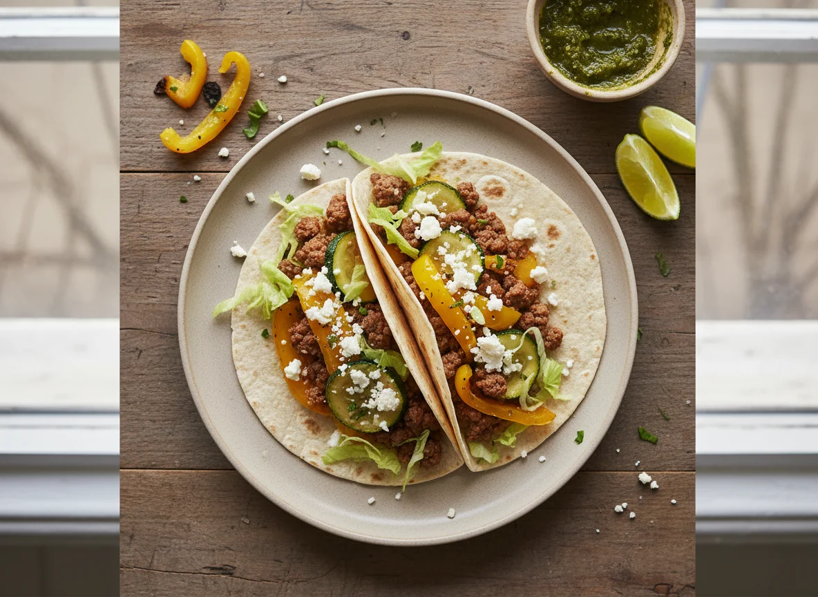 Taco de carne picada con verduras y pimientos salteados photo