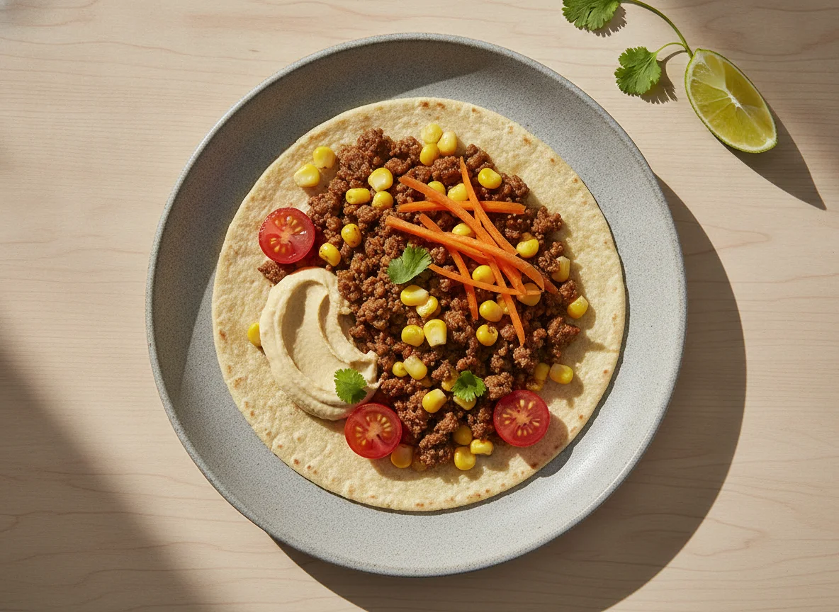Taco de carne picada con zanahorias y hummus photo