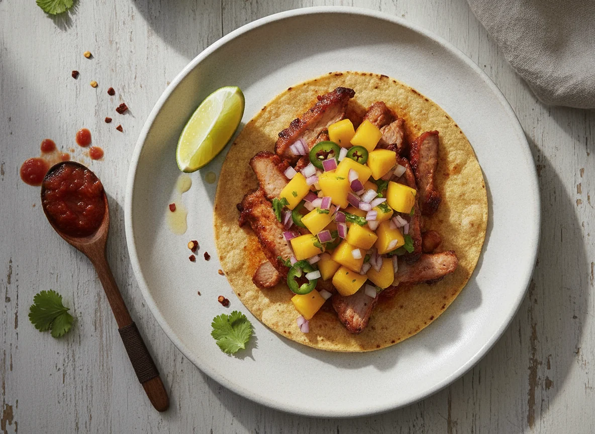 Taco de cerdo con salsa de mango y pico de gallo photo