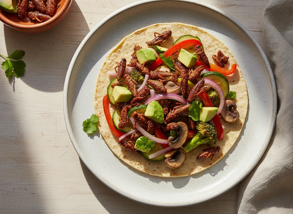 Taco de chapulines con aguacate y vegetales salteados photo