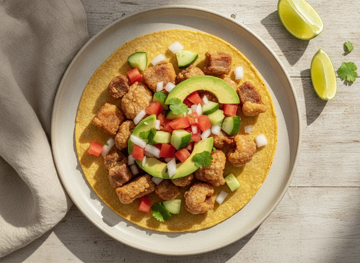 Taco de chicharrón de cerdo con pico de gallo photo