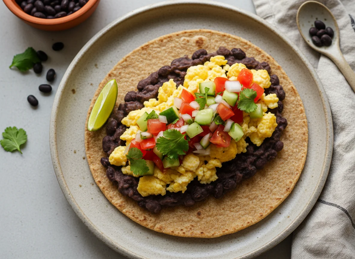 Taco de frijoles y huevo con pico de gallo photo