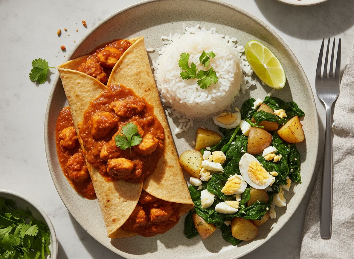 Taco de guisado con arroz y ensalada de huevo con espinacas photo