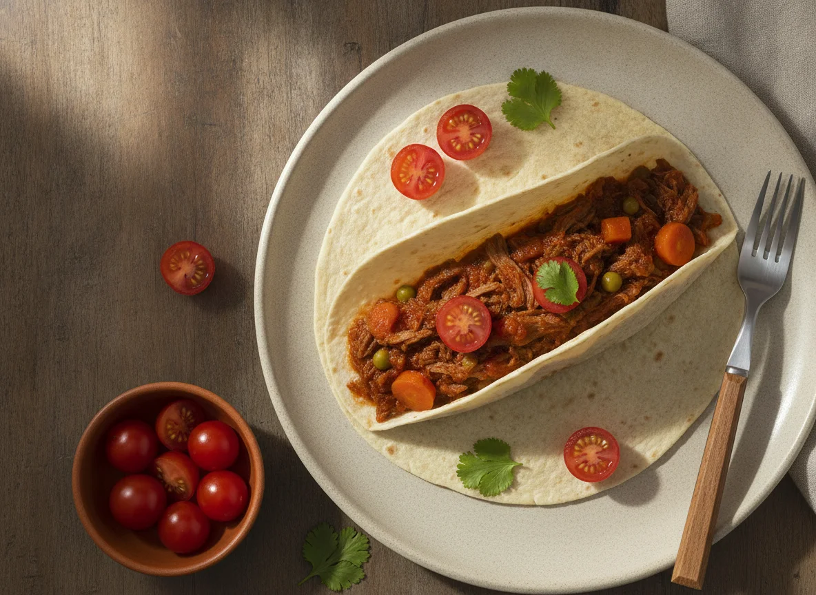 Taco de guisado de res con verduras y jitomates cherry photo