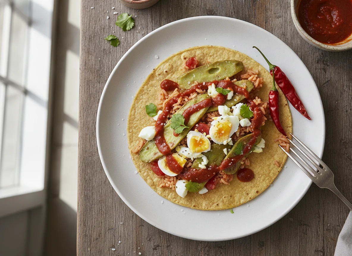 Taco de huevo cocido con arroz y nopales photo