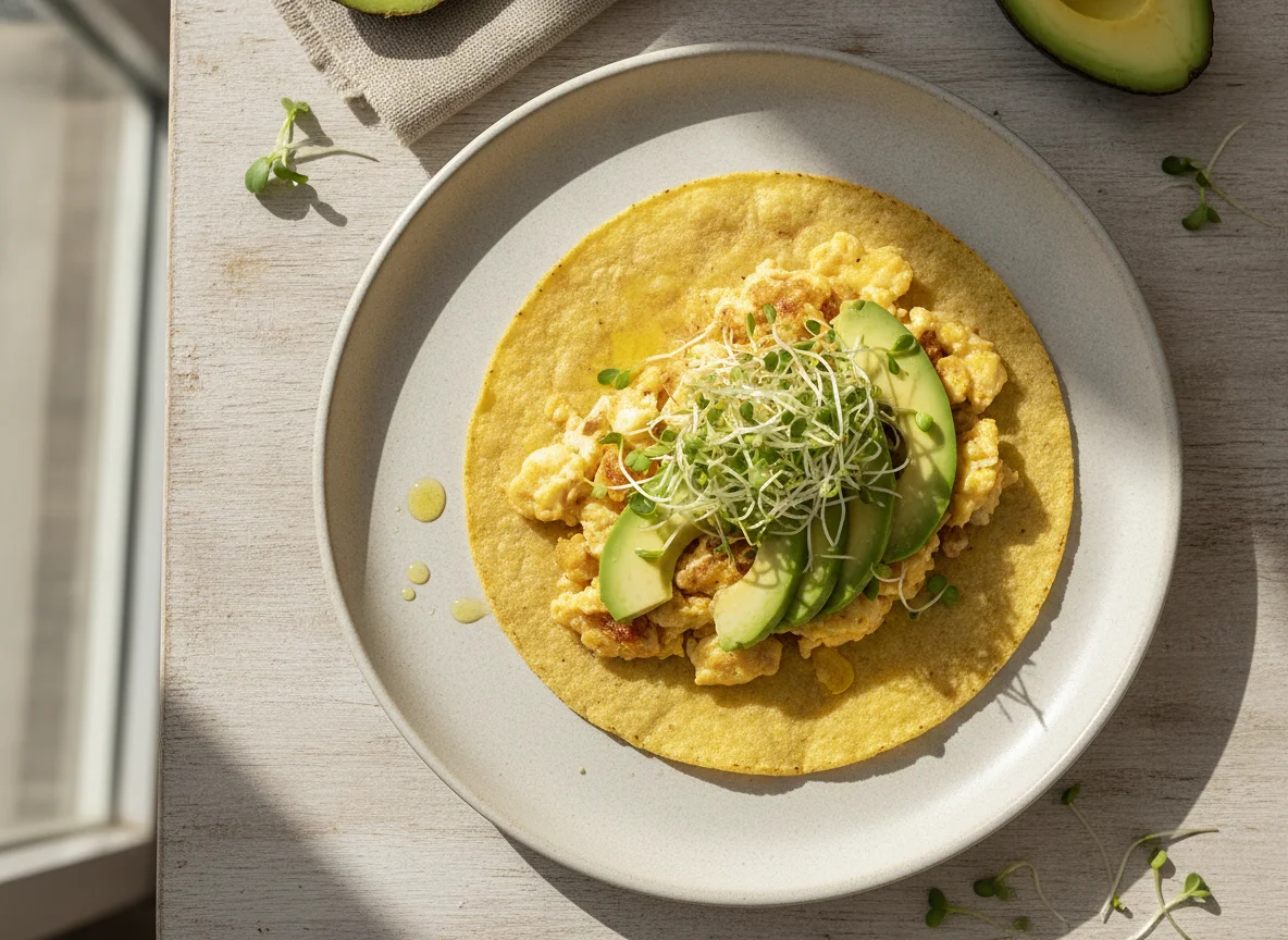 Taco de huevo con aguacate y germinado photo