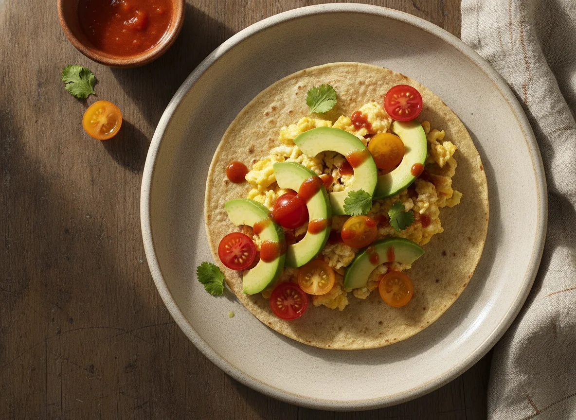 Taco de huevo con aguacate y jitomate photo