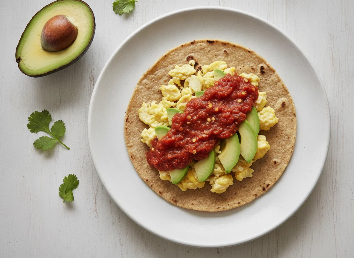 Taco de huevo con aguacate y salsa photo