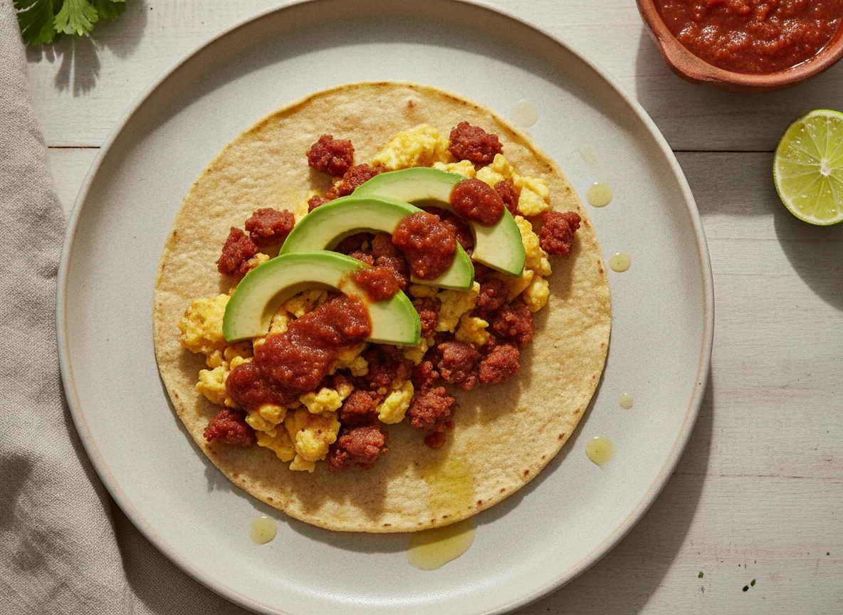Taco de huevo con chorizo y aguacate photo